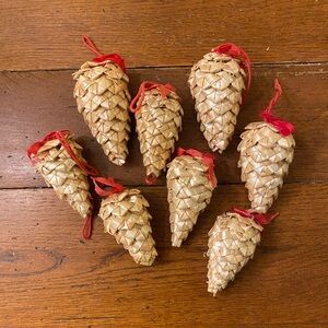 Vtg Scandinavian Woven Palm Straw Handmade Pine Cones Christmas Ornaments Set 8